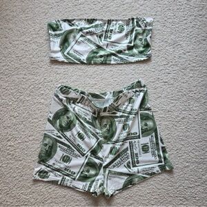 Money Print Women’s Shorts and Top – Green White